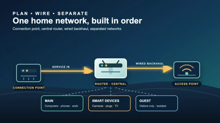 Australian home network plan showing the nbn connection point, router, wired backhaul to a second access point and separated guest and smart-device networks