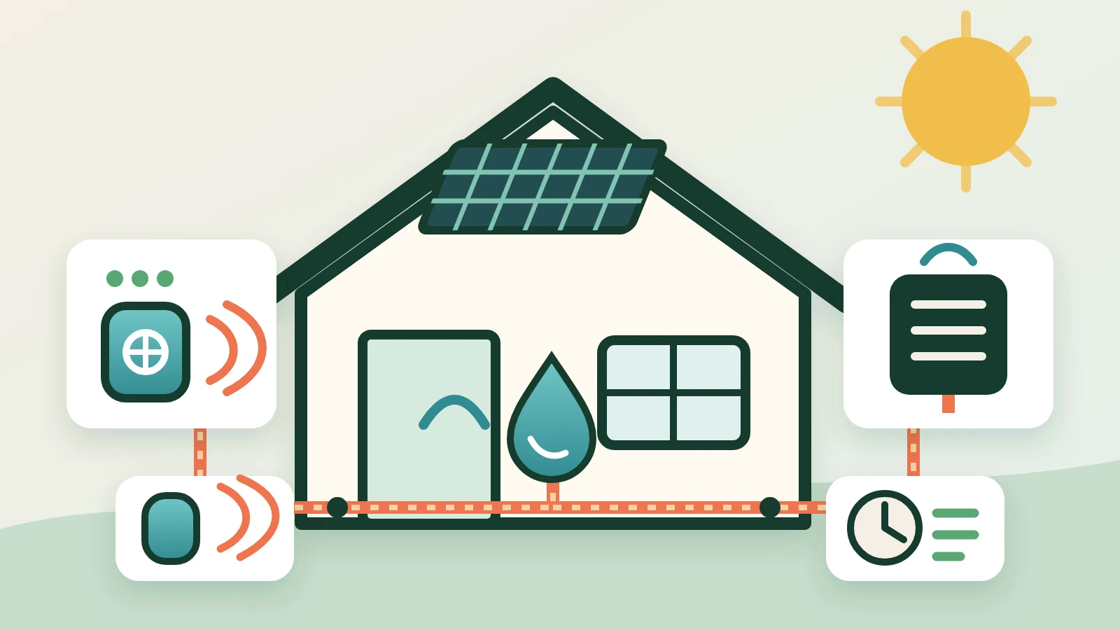 Illustrated Australian home with heat-pump, solar, storage and instantaneous hot-water options