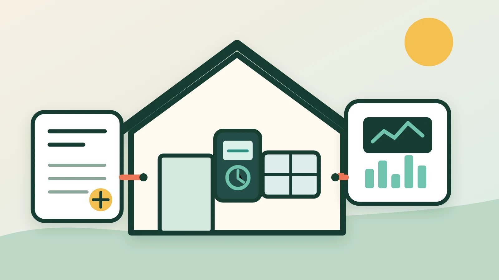 Illustrated Australian home with a digital smart meter, interval-usage chart and electricity bill