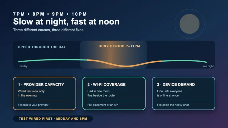 Evening internet slowdown split into three layers: provider busy-period capacity, home Wi-Fi coverage and simultaneous device demand