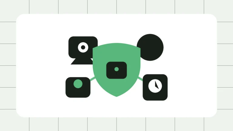 중앙의 방패와 자물쇠로 보호되는 스마트 카메라, 조명, 스피커와 온도조절기