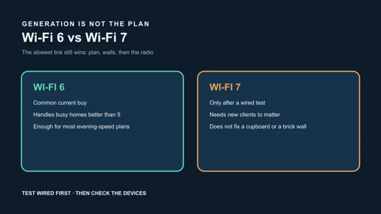 nbn 요금제, 집 벽, 옛 기기가 실제 상한을 정하는 가운데 Wi-Fi 6와 Wi-Fi 7을 나란히 비교한 그림