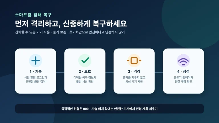 짙은 파란색 배경 위 네 개의 카드에 기록, 보호, 격리, 점검 복구 단계가 표시된 그림